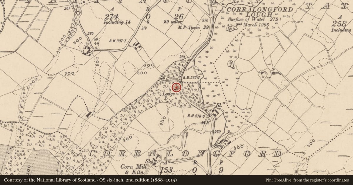 Ordnance Survey six-inch map, 2nd edition (1888–1915) covering the location of Colebrook Fivemiletown Lodge, Fermanagh and Omagh, with a pin at the register's coordinates