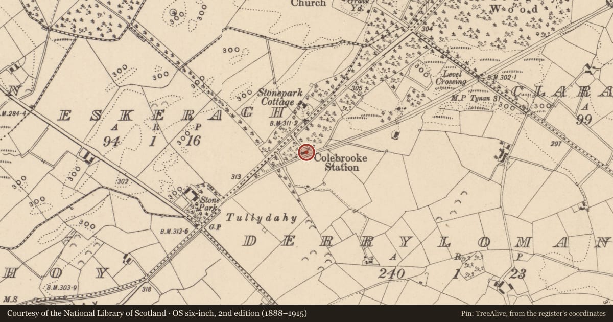 Ordnance Survey six-inch map, 2nd edition (1888–1915) covering the location of Colebrook Station (Old Railway Cottage), Fermanagh and Omagh, with a pin at the register's coordinates