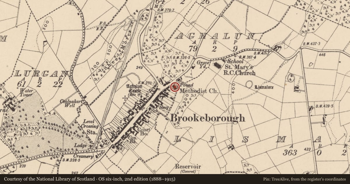 Ordnance Survey six-inch map, 2nd edition (1888–1915) covering the location of Methodist Church, Fermanagh and Omagh, with a pin at the register's coordinates