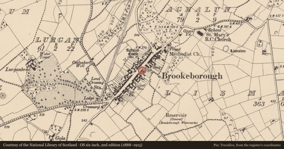 Ordnance Survey six-inch map, 2nd edition (1888–1915) covering the location of 47 Main St., Fermanagh and Omagh, with a pin at the register's coordinates