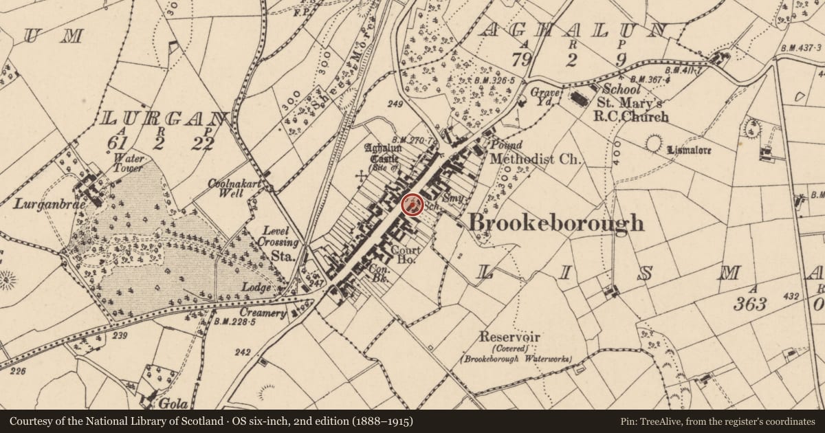 Ordnance Survey six-inch map, 2nd edition (1888–1915) covering the location of 45 Main St., Fermanagh and Omagh, with a pin at the register's coordinates