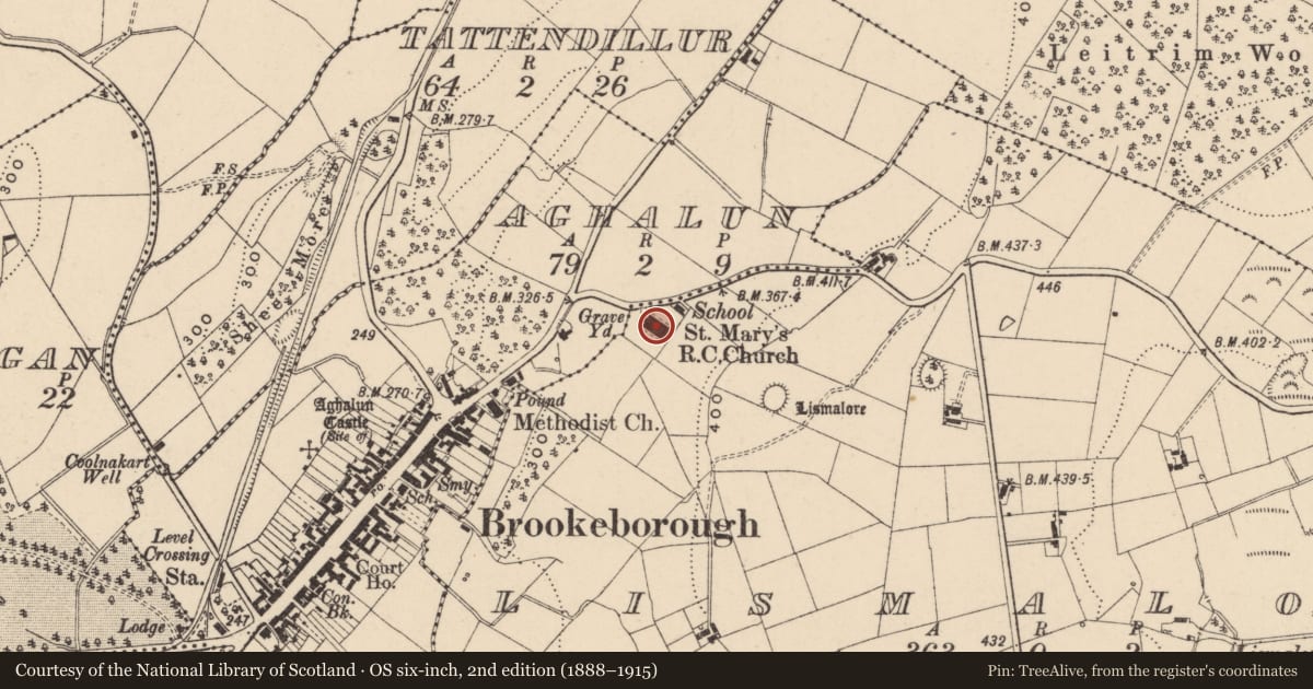 Ordnance Survey six-inch map, 2nd edition (1888–1915) covering the location of St. Mary'S Rc Church, Fermanagh and Omagh, with a pin at the register's coordinates