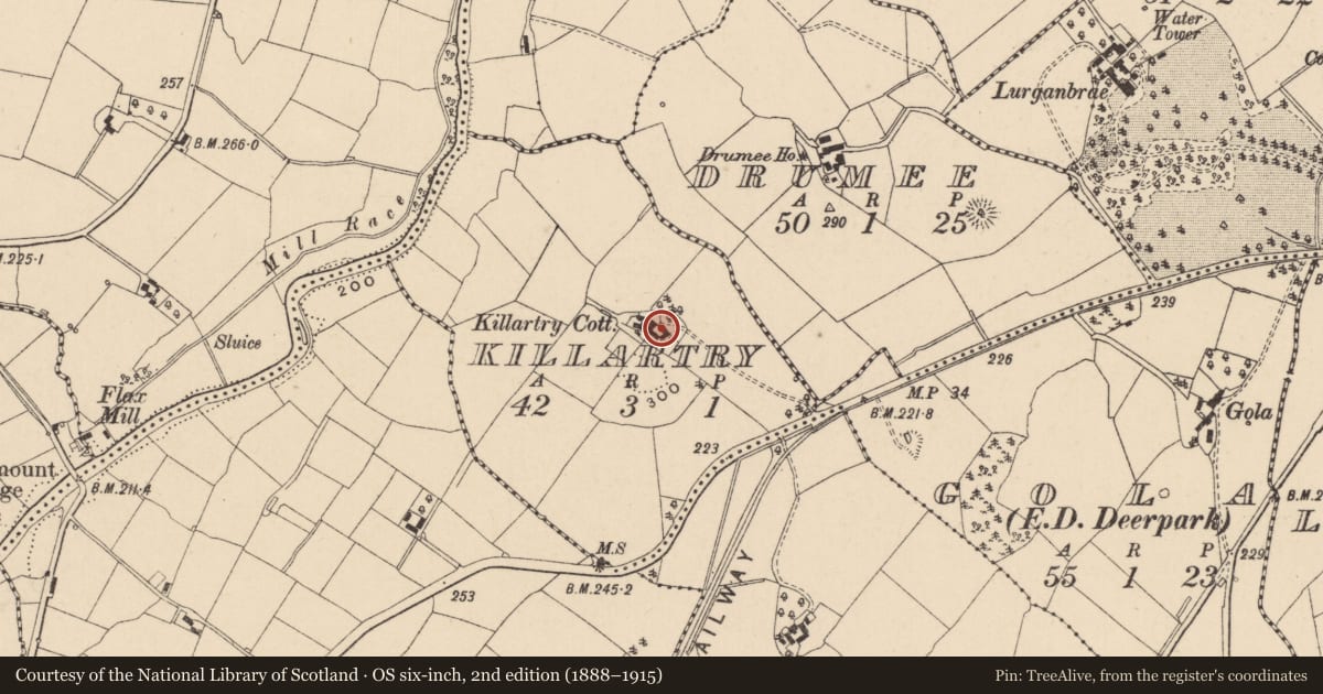 Ordnance Survey six-inch map, 2nd edition (1888–1915) covering the location of Killartry Cottage, Fermanagh and Omagh, with a pin at the register's coordinates
