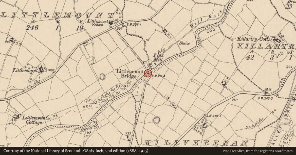 Ordnance Survey six-inch map, 2nd edition (1888–1915) covering the location of Littlemount Bridge, Fermanagh and Omagh, with a pin at the register's coordinates
