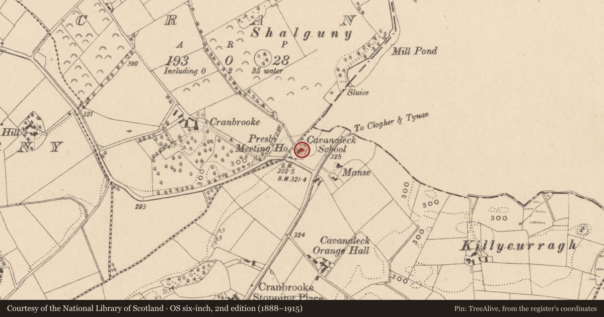 Ordnance Survey six-inch map, 2nd edition (1888–1915) covering the location of Cavanaleck Presbyterian Church, Fermanagh and Omagh, with a pin at the register's coordinates