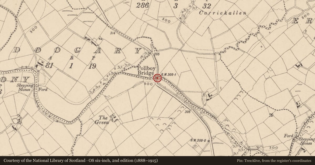 Ordnance Survey six-inch map, 2nd edition (1888–1915) covering the location of Pollboy Bridge Carlacky/GROGEY, Fermanagh and Omagh, with a pin at the register's coordinates