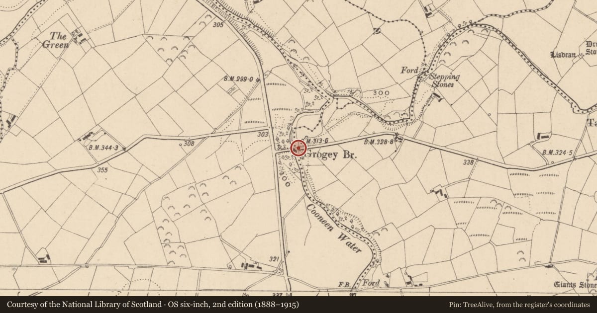 Ordnance Survey six-inch map, 2nd edition (1888–1915) covering the location of Grogey Bridge Cooneen/GROGEY, Fermanagh and Omagh, with a pin at the register's coordinates