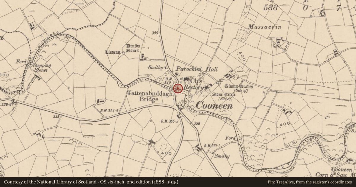 Ordnance Survey six-inch map, 2nd edition (1888–1915) covering the location of Tattenabuddagh Bridge, Fermanagh and Omagh, with a pin at the register's coordinates