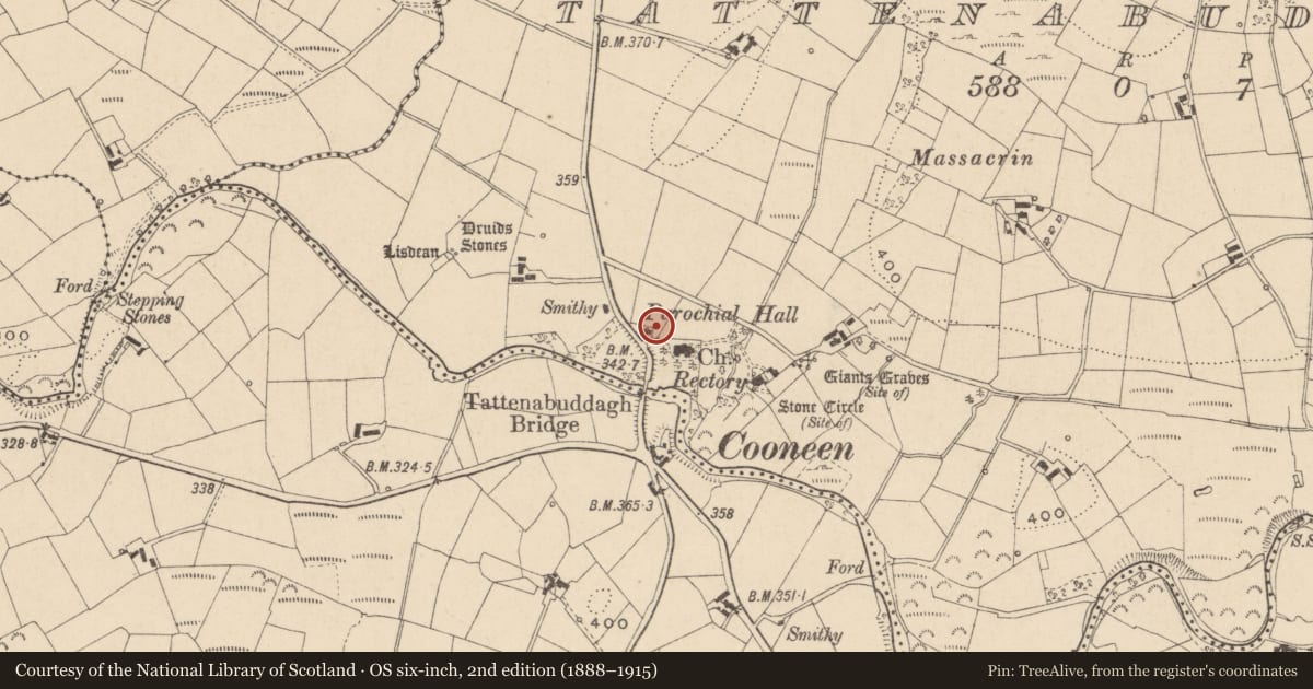 Ordnance Survey six-inch map, 2nd edition (1888–1915) covering the location of COONEEN (COFI) SCHOOL, Fermanagh and Omagh, with a pin at the register's coordinates