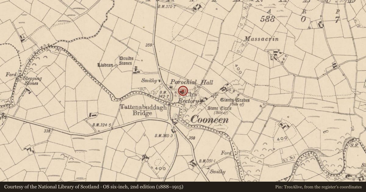 Ordnance Survey six-inch map, 2nd edition (1888–1915) covering the location of Cooneen Parish Church, Fermanagh and Omagh, with a pin at the register's coordinates