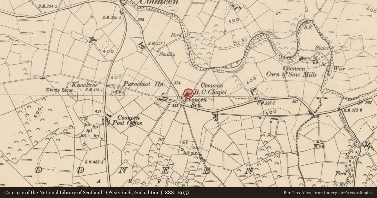 Ordnance Survey six-inch map, 2nd edition (1888–1915) covering the location of Cooneen Old Church, Fermanagh and Omagh, with a pin at the register's coordinates