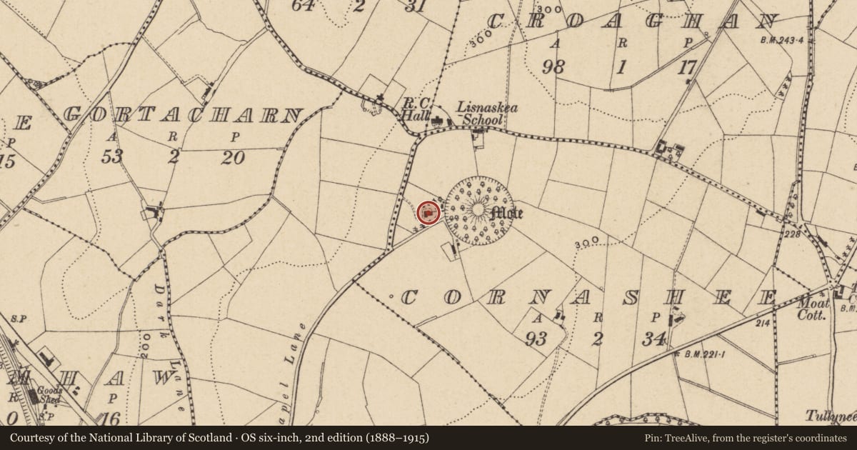 Ordnance Survey six-inch map, 2nd edition (1888–1915) covering the location of Old Moat Schoolhouse, Fermanagh and Omagh, with a pin at the register's coordinates