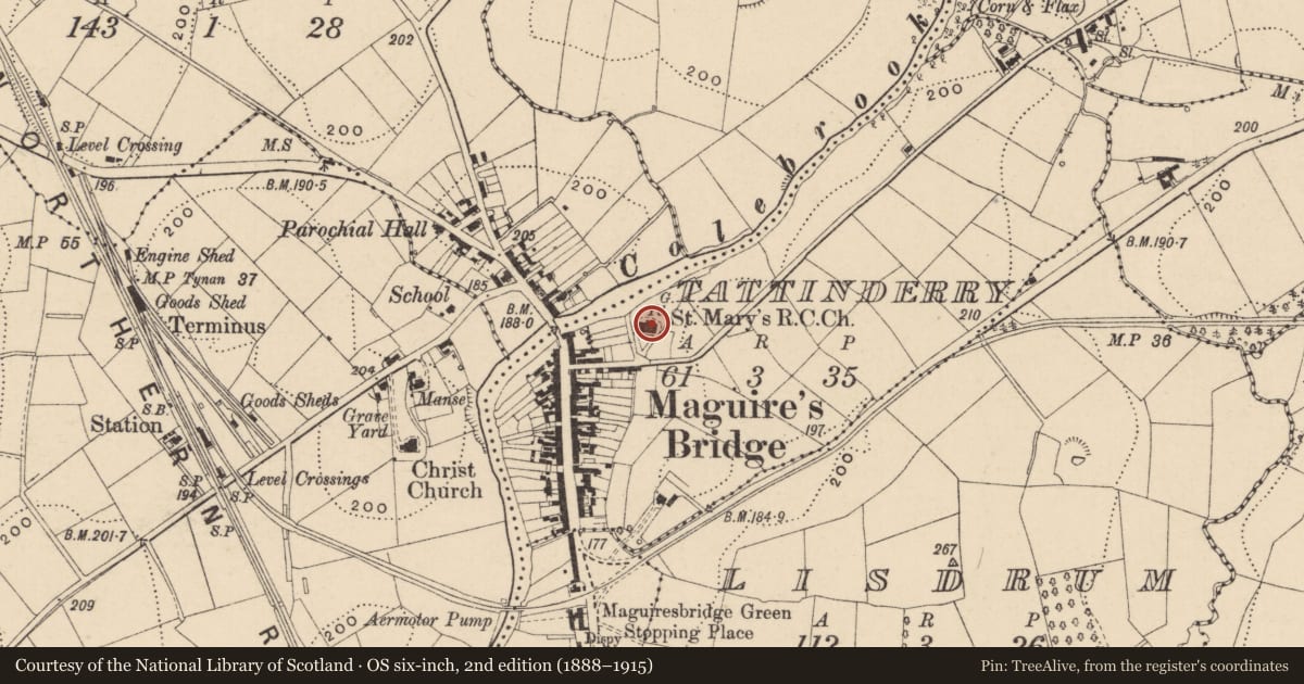 Ordnance Survey six-inch map, 2nd edition (1888–1915) covering the location of St. Mary'S Church, Fermanagh and Omagh, with a pin at the register's coordinates