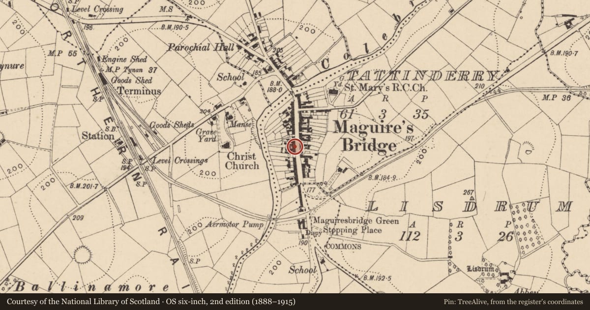Ordnance Survey six-inch map, 2nd edition (1888–1915) covering the location of Old Market House, Fermanagh and Omagh, with a pin at the register's coordinates