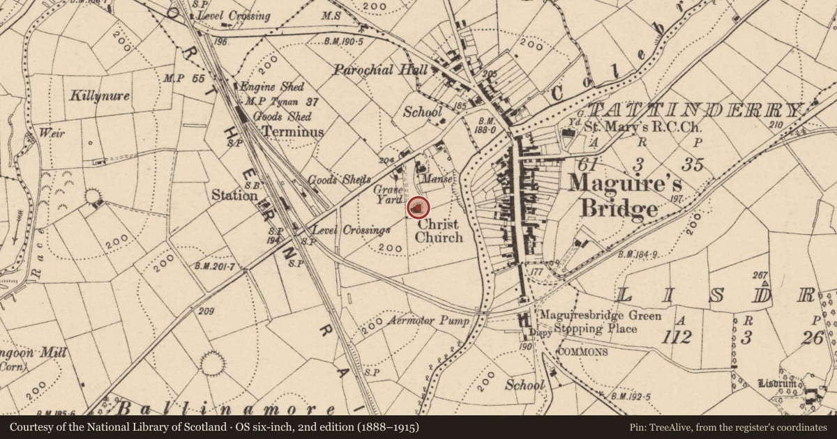 Ordnance Survey six-inch map, 2nd edition (1888–1915) covering the location of Christ Church, Fermanagh and Omagh, with a pin at the register's coordinates