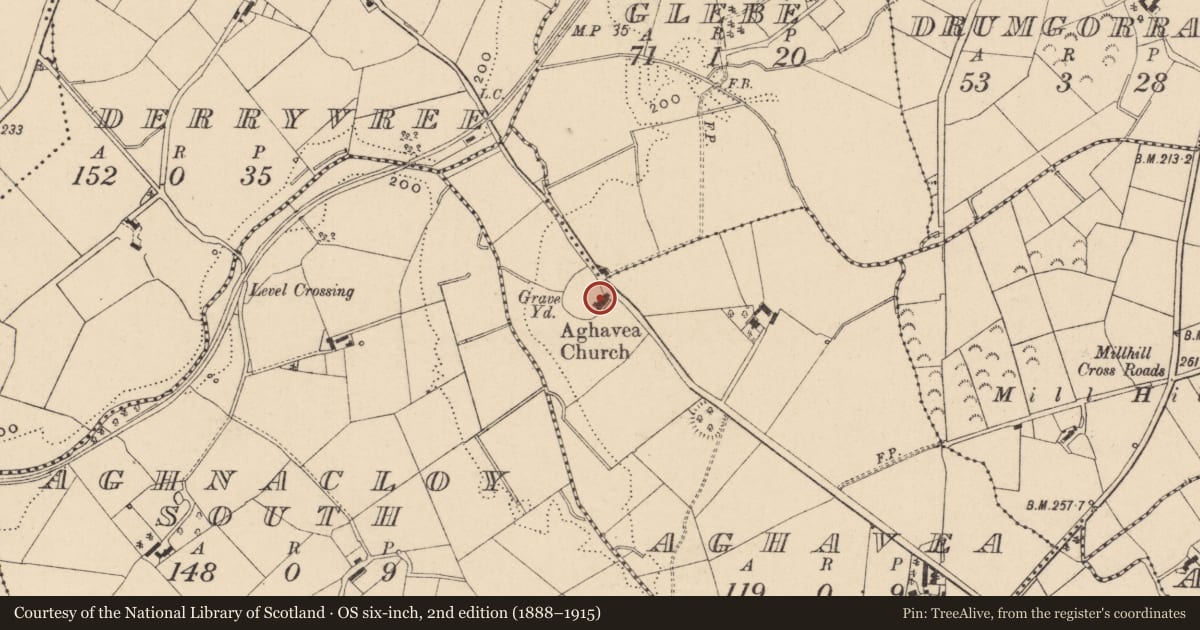 Ordnance Survey six-inch map, 2nd edition (1888–1915) covering the location of Aghavea Parish Church, Fermanagh and Omagh, with a pin at the register's coordinates