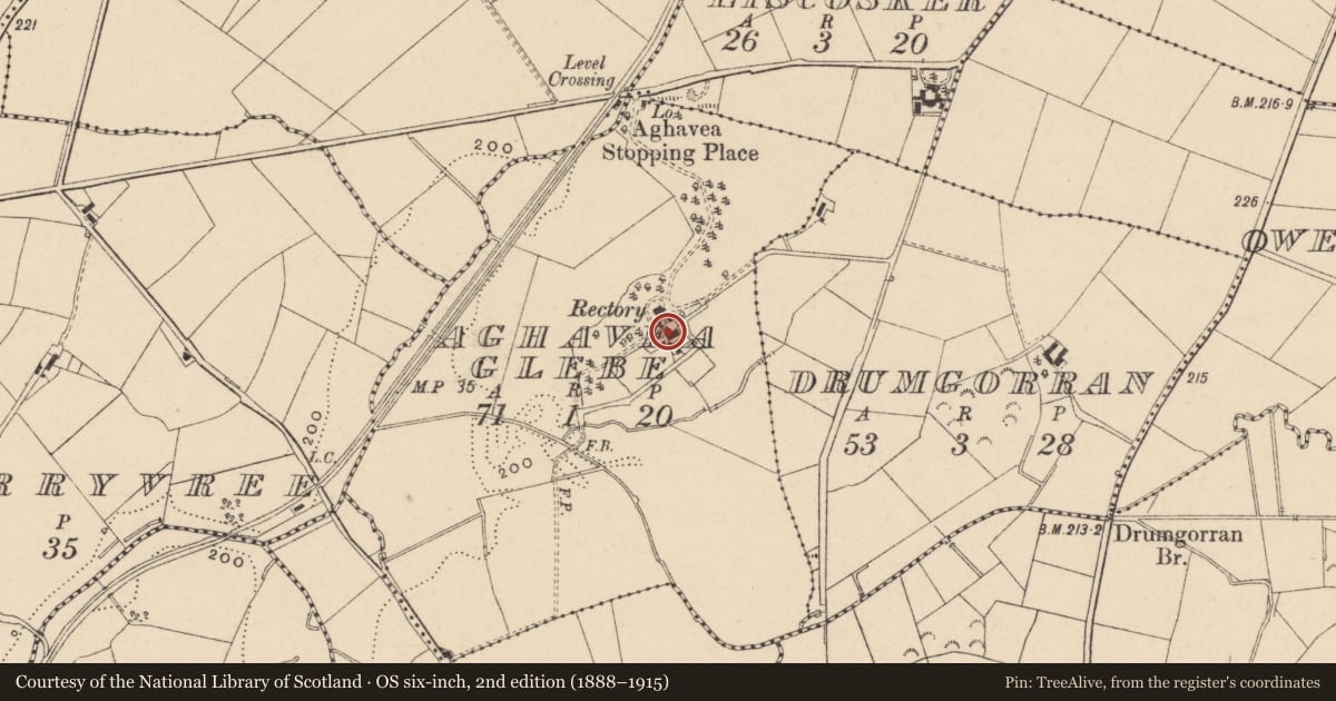 Ordnance Survey six-inch map, 2nd edition (1888–1915) covering the location of Coach House, Fermanagh and Omagh, with a pin at the register's coordinates
