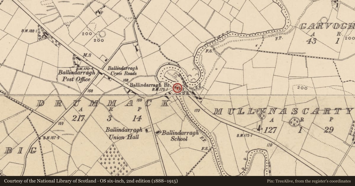 Ordnance Survey six-inch map, 2nd edition (1888–1915) covering the location of Ballindarragh Bridge, Fermanagh and Omagh, with a pin at the register's coordinates