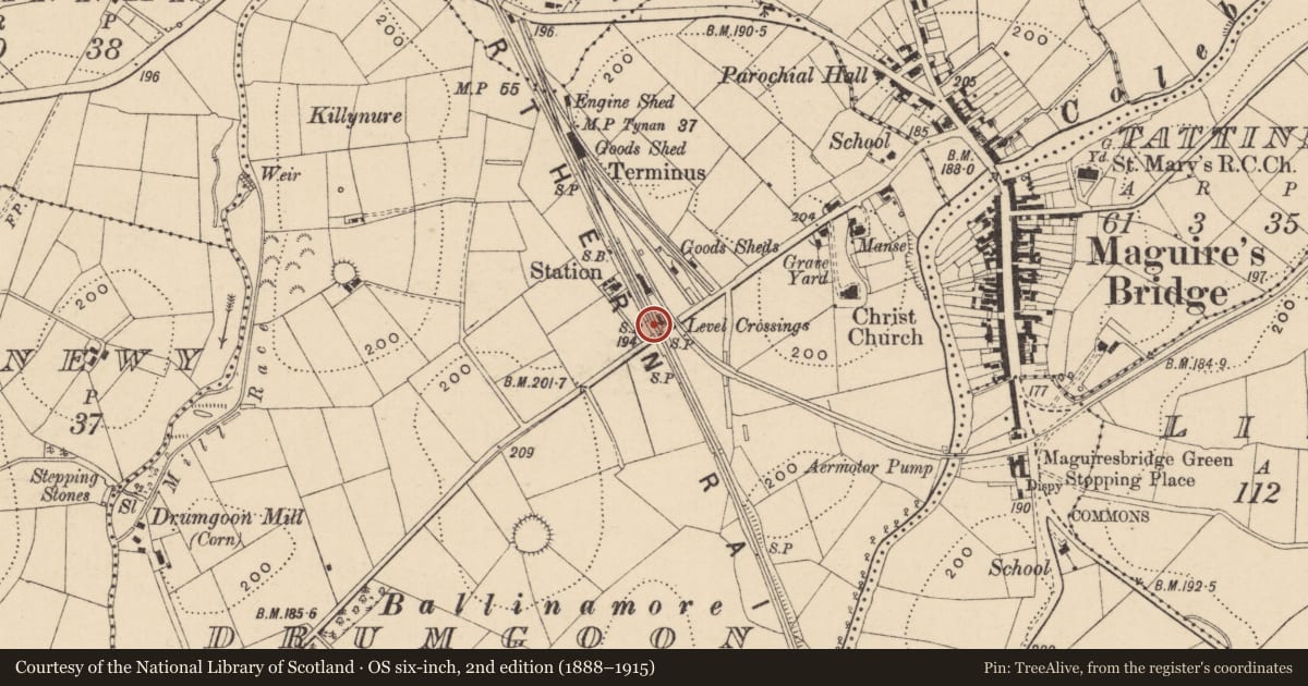 Ordnance Survey six-inch map, 2nd edition (1888–1915) covering the location of Railway Station, Fermanagh and Omagh, with a pin at the register's coordinates