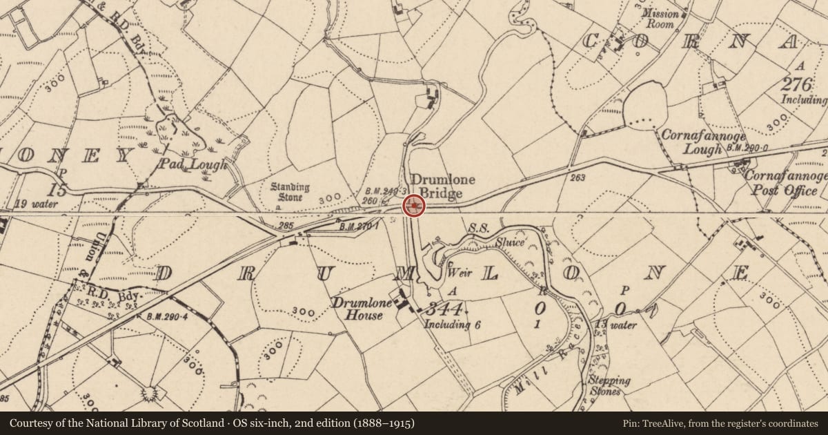 Ordnance Survey six-inch map, 2nd edition (1888–1915) covering the location of Drumlone Bridge, Fermanagh and Omagh, with a pin at the register's coordinates