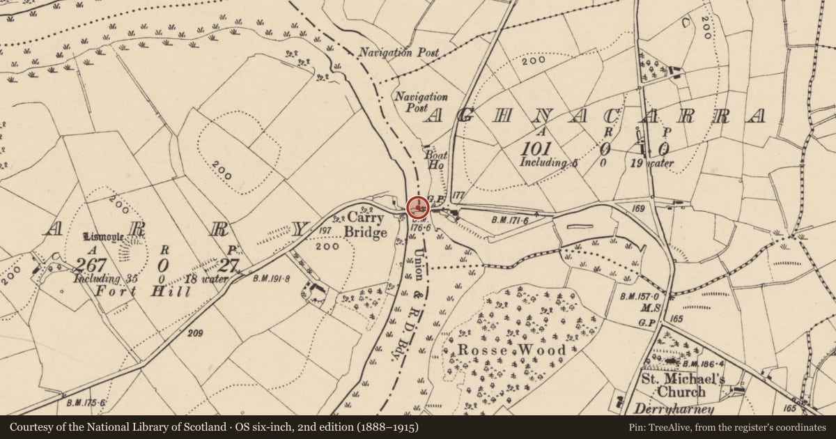 Ordnance Survey six-inch map, 2nd edition (1888–1915) covering the location of Carry Bridge, Fermanagh and Omagh, with a pin at the register's coordinates