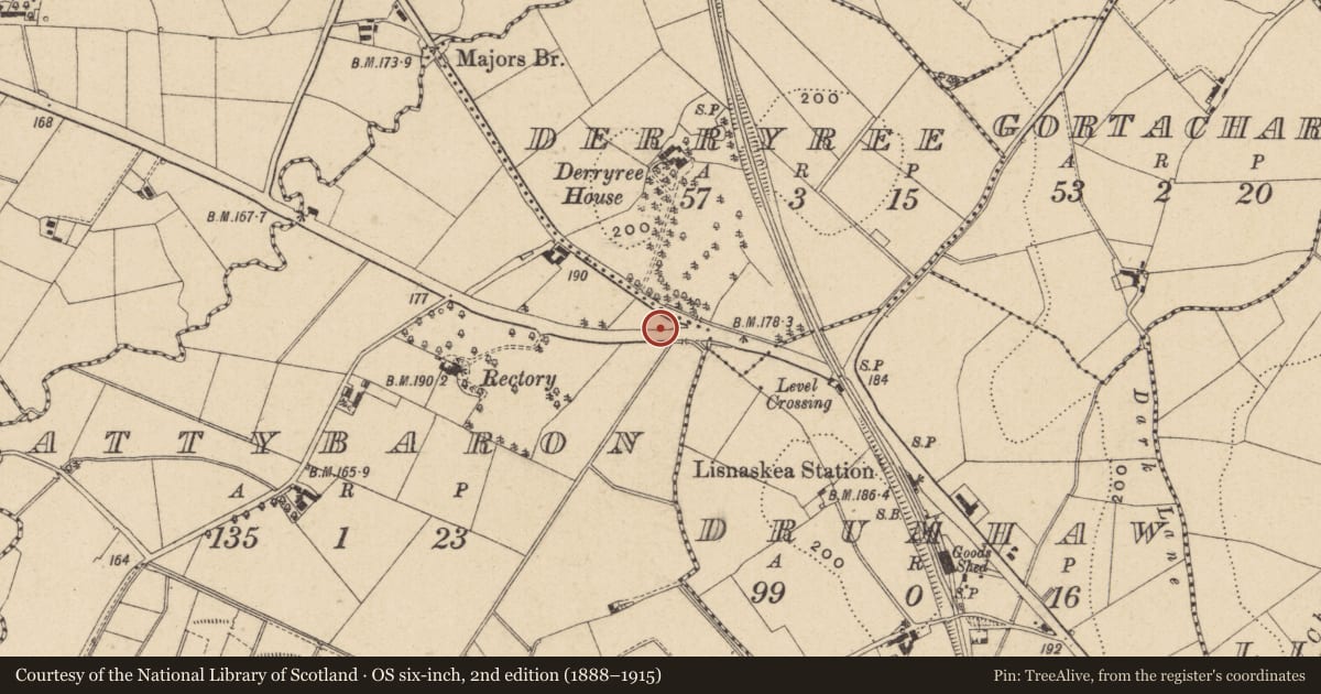 Ordnance Survey six-inch map, 2nd edition (1888–1915) covering the location of Milestone 8 Mile, Attabaron, Fermanagh, with a pin at the register's coordinates