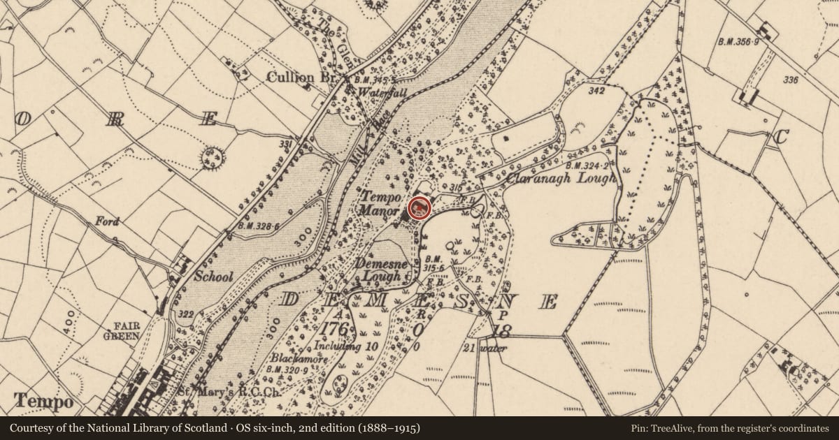 Ordnance Survey six-inch map, 2nd edition (1888–1915) covering the location of Tempo Manor, Demesne, Fermanagh and Omagh, with a pin at the register's coordinates