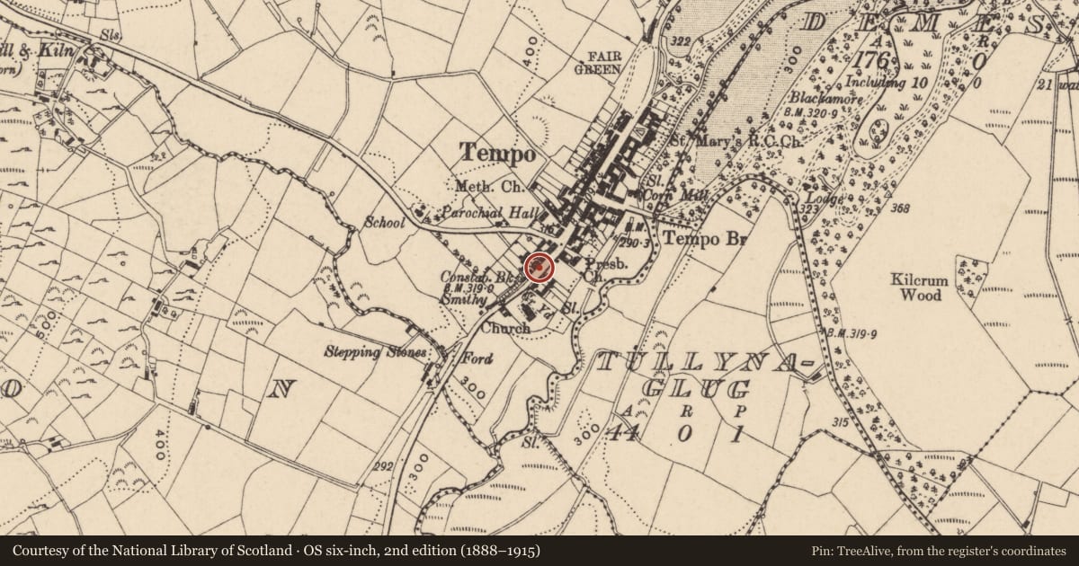Ordnance Survey six-inch map, 2nd edition (1888–1915) covering the location of 28 Main St., Fermanagh and Omagh, with a pin at the register's coordinates