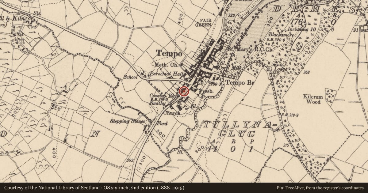 Ordnance Survey six-inch map, 2nd edition (1888–1915) covering the location of 30 Main St., Fermanagh and Omagh, with a pin at the register's coordinates