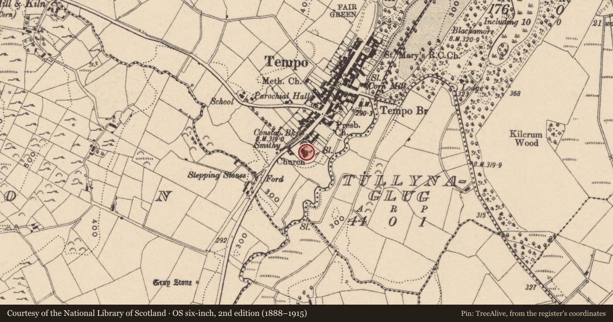 Ordnance Survey six-inch map, 2nd edition (1888–1915) covering the location of TEMPO C of I Parish Church, Edenmore, Fermanagh and Omagh, with a pin at the register's coordinates