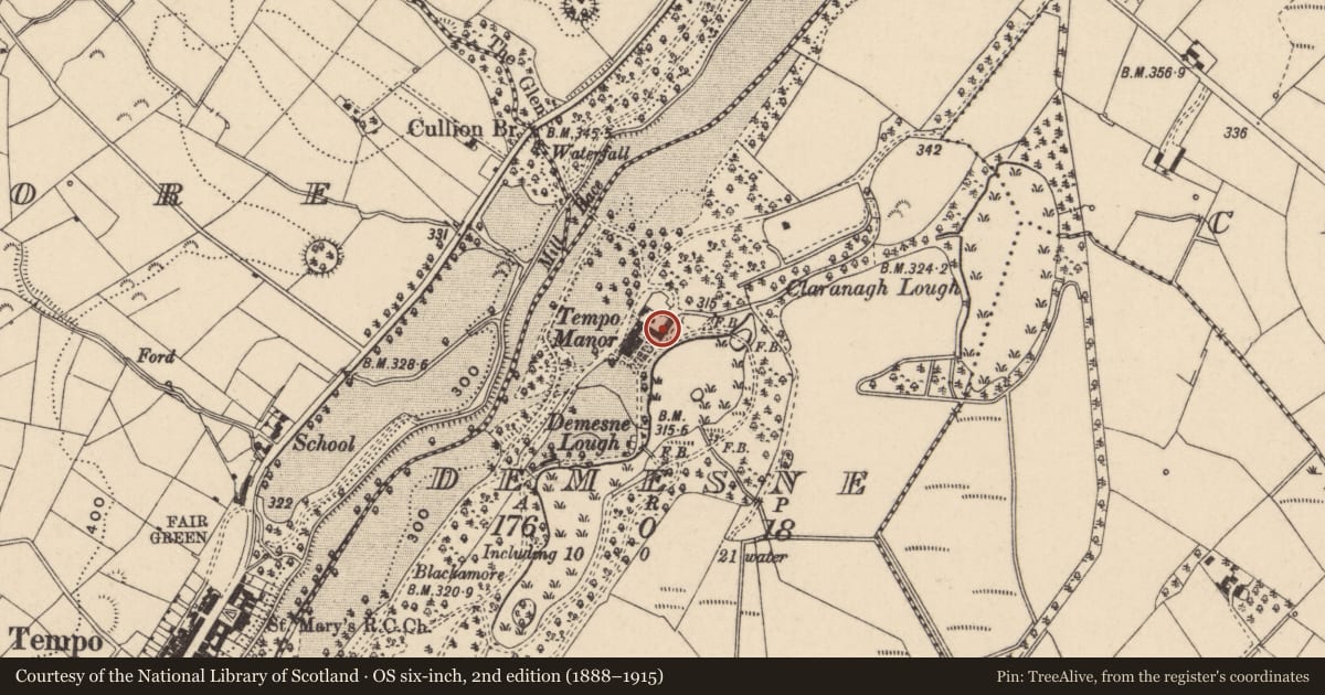 Ordnance Survey six-inch map, 2nd edition (1888–1915) covering the location of Coach Yard At Tempo Manor, Fermanagh and Omagh, with a pin at the register's coordinates