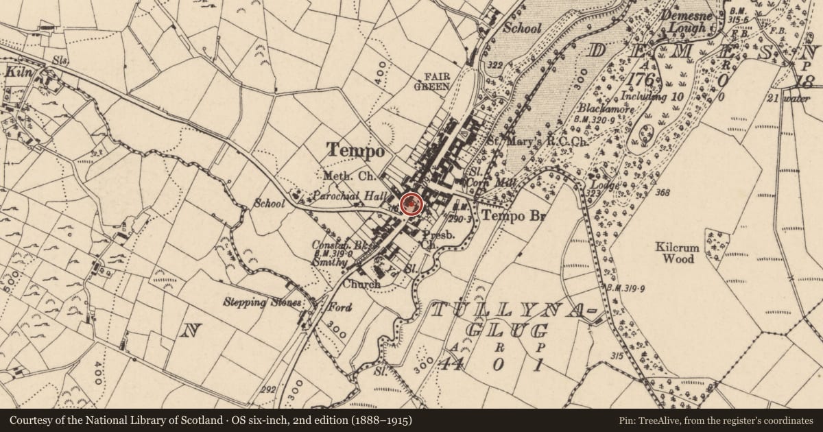 Ordnance Survey six-inch map, 2nd edition (1888–1915) covering the location of 46-48 Main St., Fermanagh and Omagh, with a pin at the register's coordinates