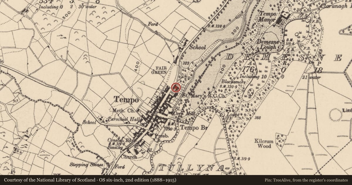 Ordnance Survey six-inch map, 2nd edition (1888–1915) covering the location of 75 Main St., Edenmore, Fermanagh and Omagh, with a pin at the register's coordinates