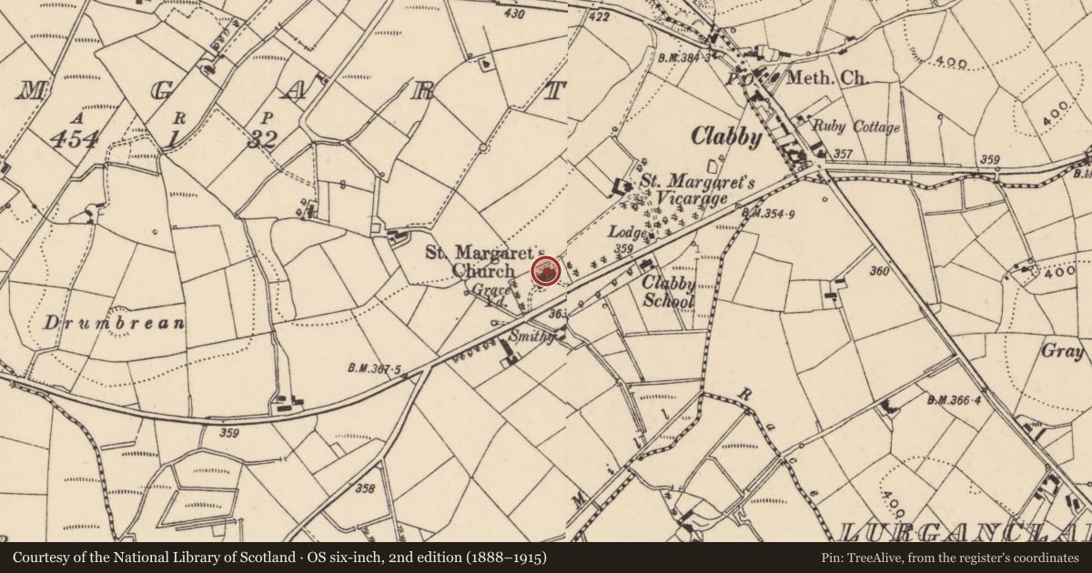 Ordnance Survey six-inch map, 2nd edition (1888–1915) covering the location of St Margarets (C of I) Church, Fermanagh and Omagh, with a pin at the register's coordinates