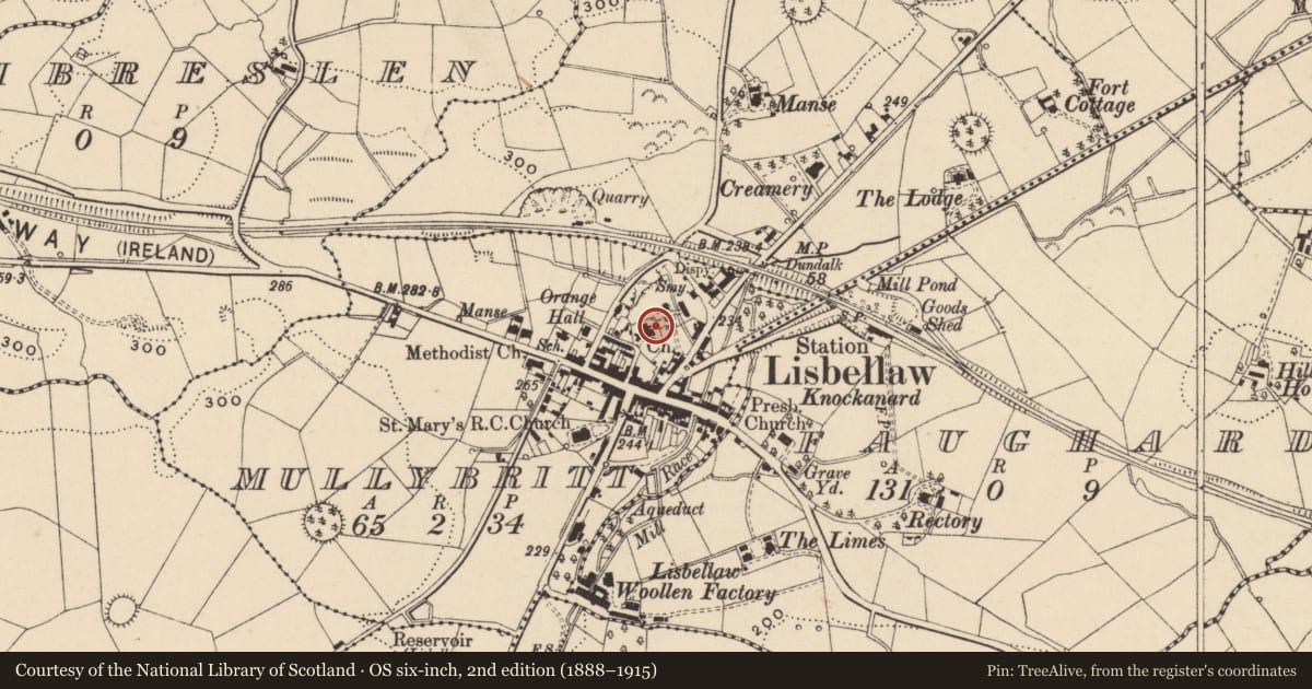 Ordnance Survey six-inch map, 2nd edition (1888–1915) covering the location of Parish Church, Fermanagh and Omagh, with a pin at the register's coordinates
