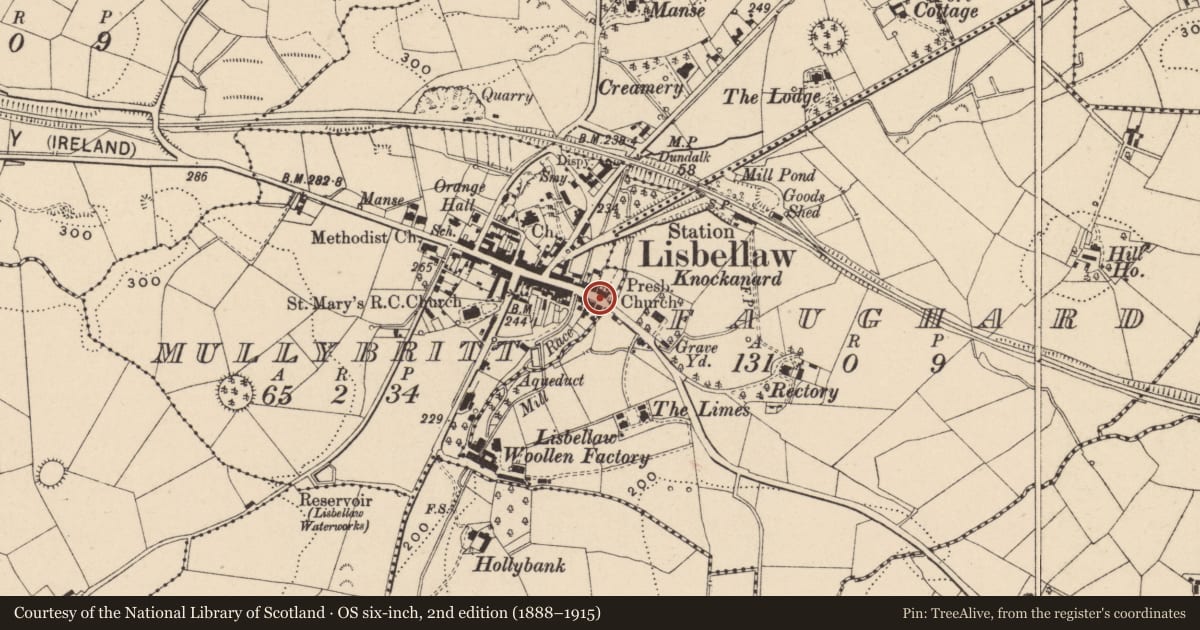 Ordnance Survey six-inch map, 2nd edition (1888–1915) covering the location of 43 Main St., Mullybritt, Fermanagh and Omagh, with a pin at the register's coordinates