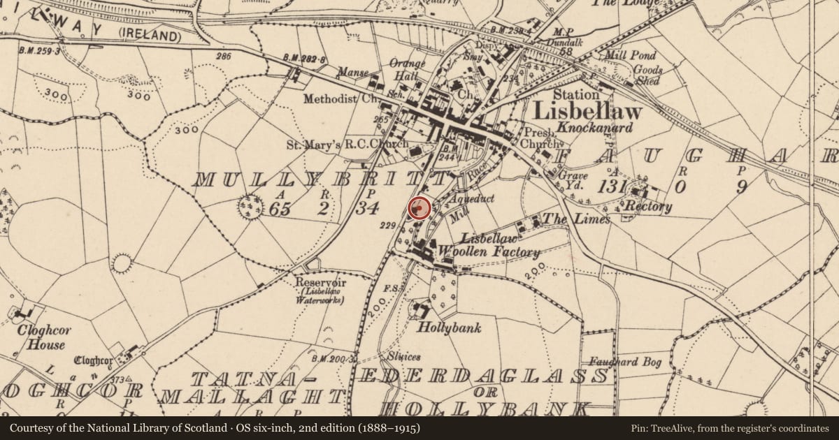 Ordnance Survey six-inch map, 2nd edition (1888–1915) covering the location of 24 Innishmore Road, Mullybritt, Fermanagh and Omagh, with a pin at the register's coordinates