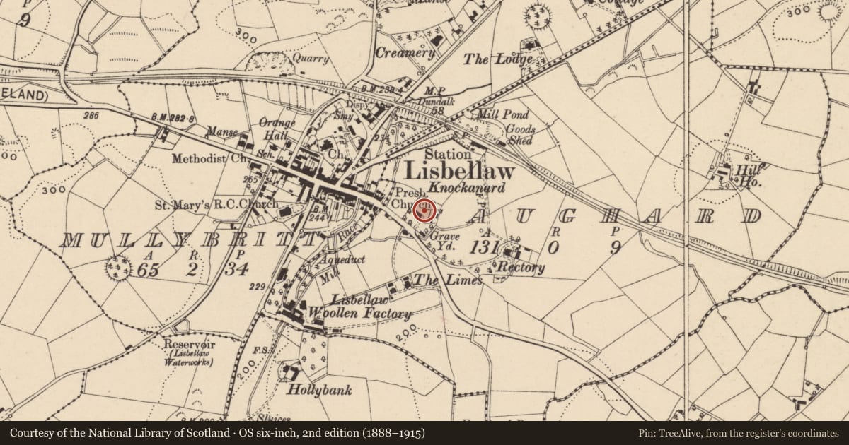 Ordnance Survey six-inch map, 2nd edition (1888–1915) covering the location of Presbyterian Church, Faughard, Fermanagh and Omagh, with a pin at the register's coordinates