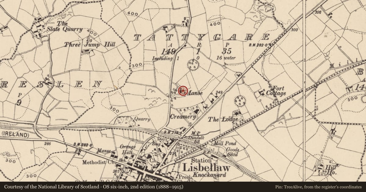 Ordnance Survey six-inch map, 2nd edition (1888–1915) covering the location of Old Manse, Tattygare, Fermanagh and Omagh, with a pin at the register's coordinates