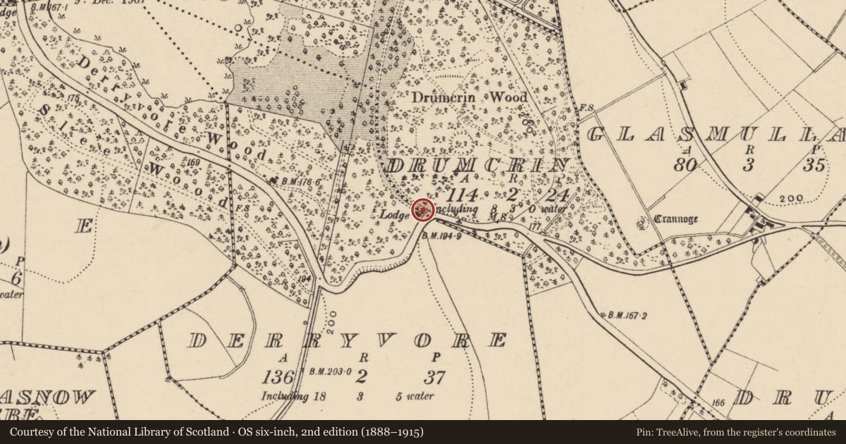 Ordnance Survey six-inch map, 2nd edition (1888–1915) covering the location of South Lodge (Heather House), Derryvore, Fermanagh and Omagh, with a pin at the register's coordinates