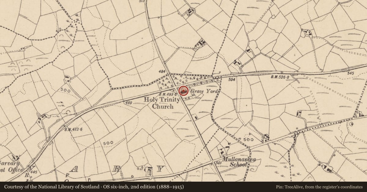 Ordnance Survey six-inch map, 2nd edition (1888–1915) covering the location of Holy Trinity Church, Garvary, Fermanagh and Omagh, with a pin at the register's coordinates