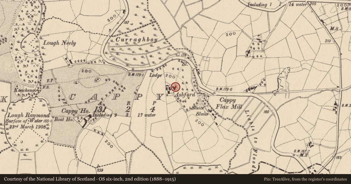Ordnance Survey six-inch map, 2nd edition (1888–1915) covering the location of Ashford House, Cappy, Fermanagh and Omagh, with a pin at the register's coordinates