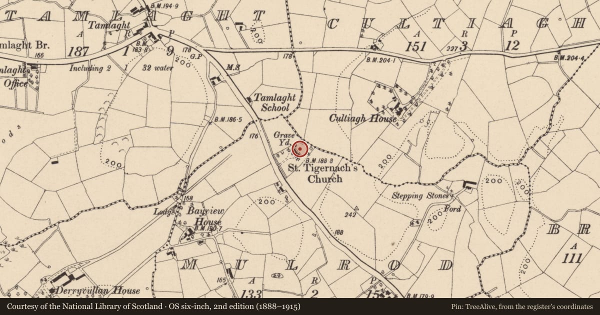 Ordnance Survey six-inch map, 2nd edition (1888–1915) covering the location of St. Tigernach'S Church, Mulrod, Fermanagh and Omagh, with a pin at the register's coordinates