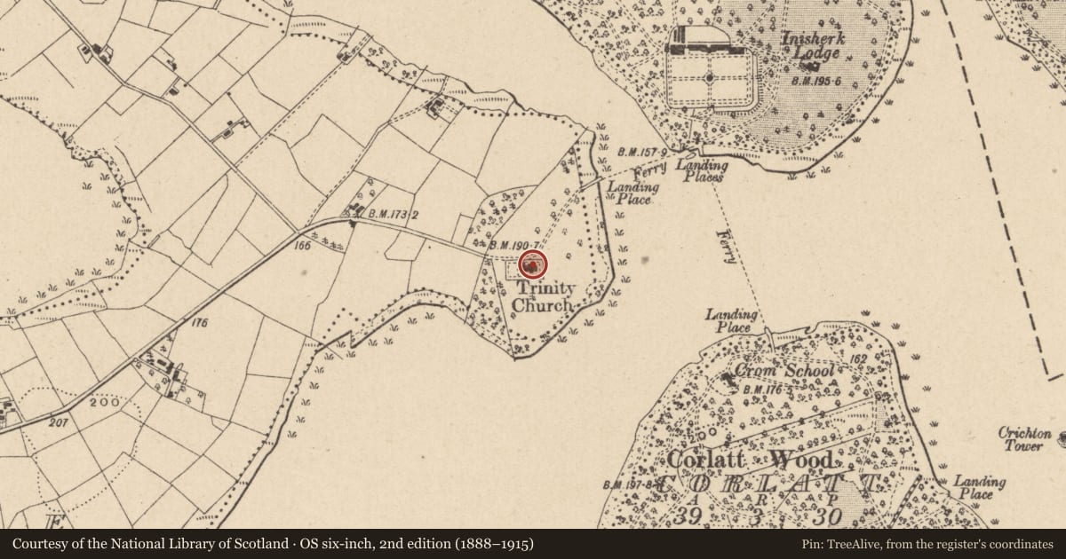 Ordnance Survey six-inch map, 2nd edition (1888–1915) covering the location of Holy Trinity C OF I Parish Church, Fermanagh and Omagh, with a pin at the register's coordinates