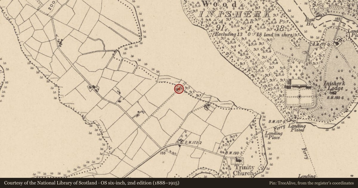 Ordnance Survey six-inch map, 2nd edition (1888–1915) covering the location of The Alms House, Fermanagh and Omagh, with a pin at the register's coordinates