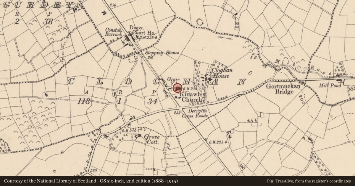 Ordnance Survey six-inch map, 2nd edition (1888–1915) covering the location of Kinawley Parish Church (COFI), Fermanagh and Omagh, with a pin at the register's coordinates