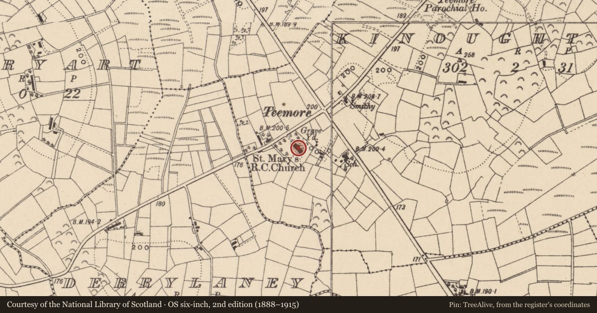 Ordnance Survey six-inch map, 2nd edition (1888–1915) covering the location of St. Mary'S Rc Church, Fermanagh and Omagh, with a pin at the register's coordinates