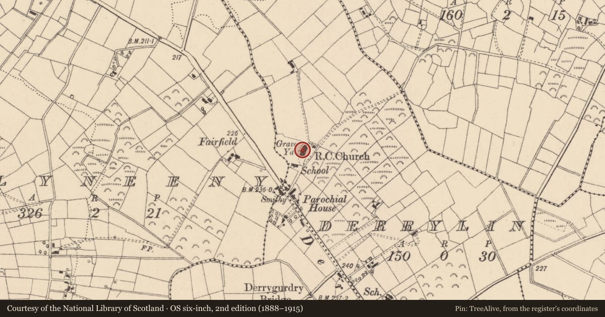 Ordnance Survey six-inch map, 2nd edition (1888–1915) covering the location of St. Ninnidh'S Rc Church, Fermanagh and Omagh, with a pin at the register's coordinates