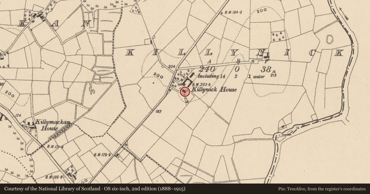 Ordnance Survey six-inch map, 2nd edition (1888–1915) covering the location of Killynick House, Fermanagh and Omagh, with a pin at the register's coordinates