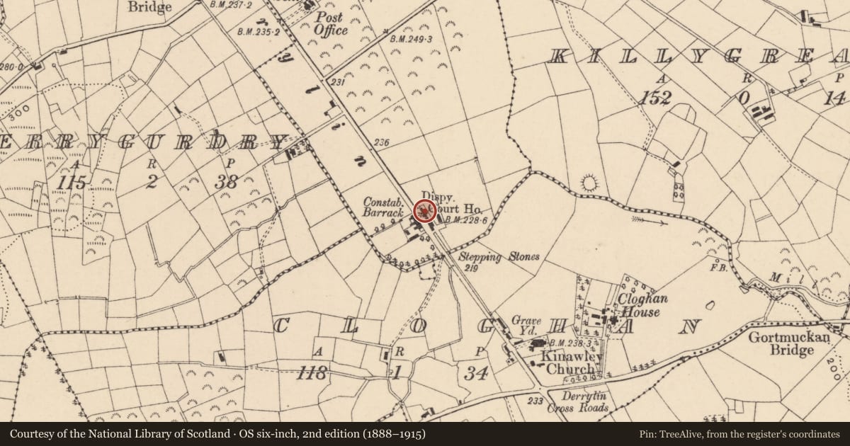 Ordnance Survey six-inch map, 2nd edition (1888–1915) covering the location of Masonic Hall, Fermanagh and Omagh, with a pin at the register's coordinates